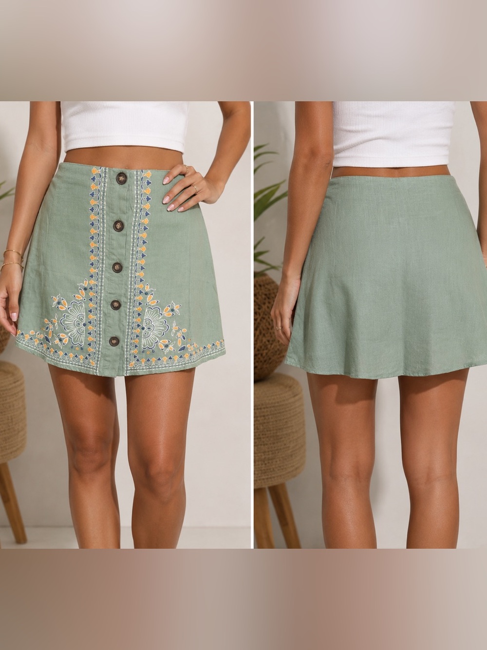 Blue Rain Deep Moss Embroidered Button Front Skirt, Size Large, NWT